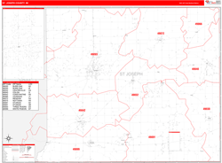 St. Joseph County, MI Wall Map Zip Code Red Line Style 2024